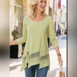 Soft Surroundings Top SZ M Sage Green Linley Lace Hem Mineral Wash Tunic